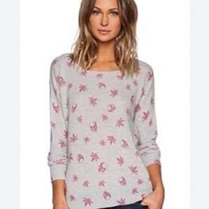 Skull Cashmere Grey Scoop Neck Sweater with Pink Leaf Print